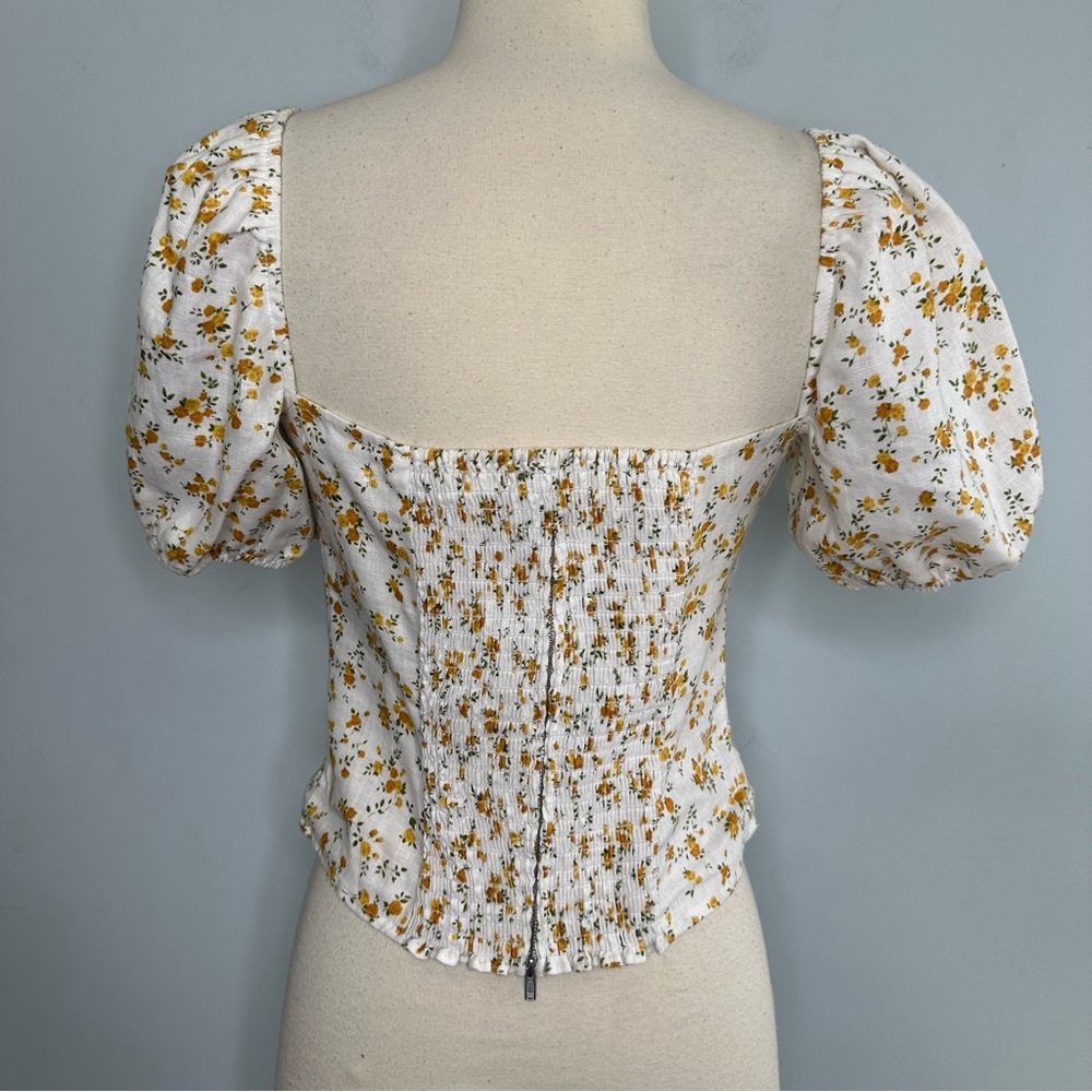 Reformation Andra White Yellow Floral Puff Sleeves Smocked Top Size 6 - Picture 7 of 13